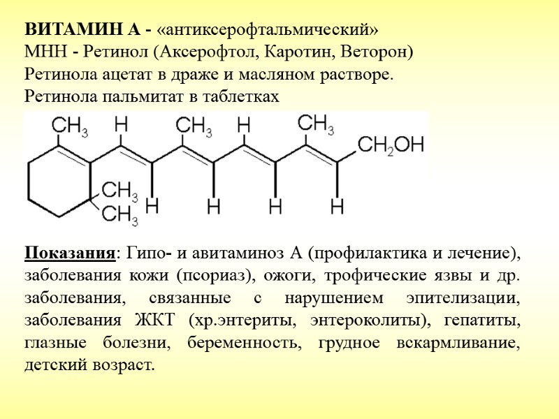 ВИТАМИН А - «антиксерофтальмический» МНН - Ретинол (Аксерофтол, Каротин, Веторон) Ретинола ацетат в драже